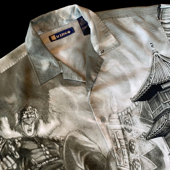 Y2K 00s Wingo Anime Graphic Japan Pagoda Button Down Shirt AOP Polyester Mens XL - Picture 7 of 11